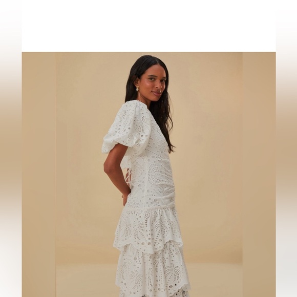 🆕 Farm Rio White Cotton Eyelet Puff Sleeve Midi Dress XXS - Picture 2 of 9